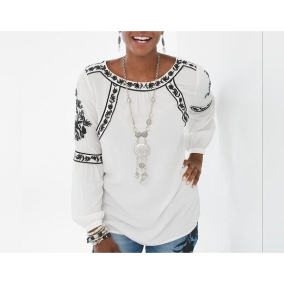 Chicos Womens US 8/10 White Gauze Peasant Tunic Top Black Embroidery Boho Hippie - Picture 1 of 13